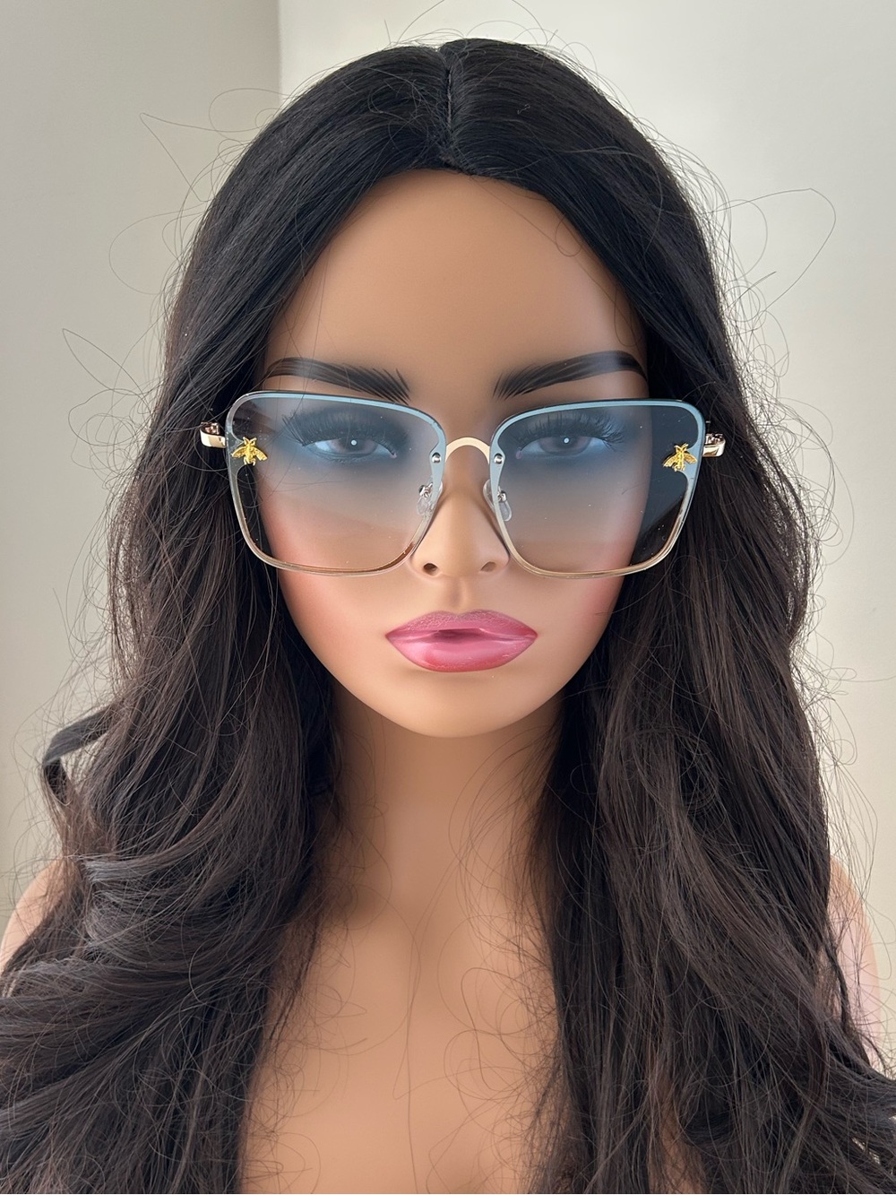 Oversized Light Blue Square Lens Gold Bee Charm Sunglasses New!
